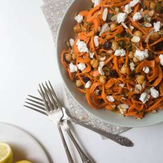Moroccan Carrot Noodle Salad with Golden Raisins, Goat Cheese and Harissa