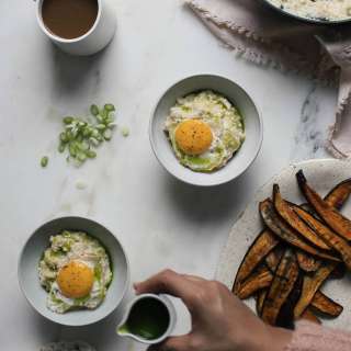 Millet “Polenta” with Green Onion Oil + Eggplant Bacon