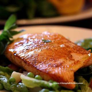 Seared Salmon with Peas, Potatoes and Mint