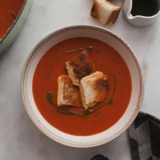 Roasted Tomato Soup with Grilled Cheese Croutons Recipe
