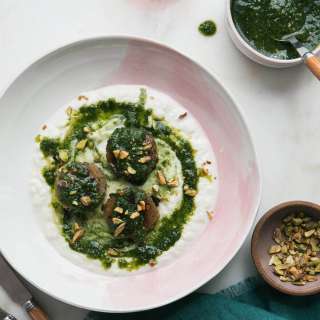 Eggplant Meatballs over Cauliflower Puree and Pesto