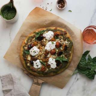 Blistered Tomatoes Corn and Burrata Pizza