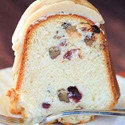 Cranberry-Pecan Pound Cake with Praline Frosting