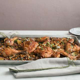 Sheet Pan Harissa Chicken with Chickpeas + Eggplant Recipe