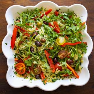 Orzo Pasta Salad with Basil Butter, Peppers, Tomatoes