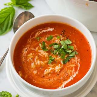 Creamy Roasted Red Pepper Tomato and Orzo Soup