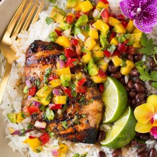 Jerk Chicken with Mango Avocado Salsa and Coconut Rice