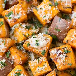 Savory Roasted Sweet Potatoes with Parmesan, Garlic & Herbs