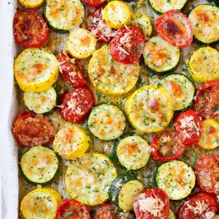 Roasted Garlic-Parmesan Zucchini, Squash and Tomatoes
