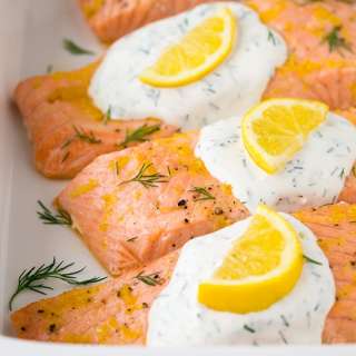Baked Lemon Dill Salmon with Yogurt Sauce