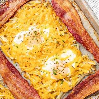 One Pan Breakfast Bake with Bacon, Hash Browns, and Eggs