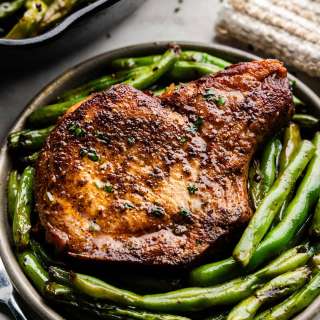 Skillet Garlic Butter Pork Chops and Green Beans