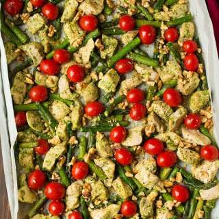 Sheet Pan Pesto Chicken with Asparagus, Tomatoes & Walnuts