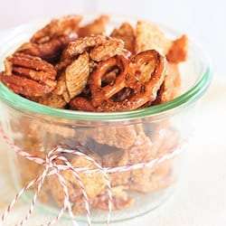 Cinnamon-Sugar Candied Chex Mix with Pecans and Pretzels