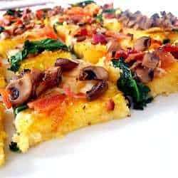 Polenta Pizza with Spinach, Mushrooms, Bacon & Tomatoes