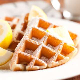 Lemon Belgian Waffles with Blueberry Syrup