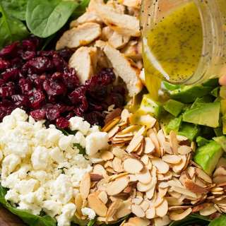 Cranberry Avocado Spinach Salad with Chicken and Orange Poppy Seed Dressing