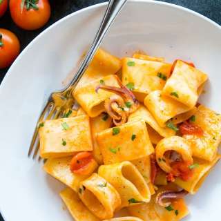 Classic Italian Calamarata - Pasta with Calamari & Tomato Sauce