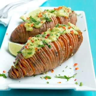 Hasselback Sweet Potatoes with Guacamole