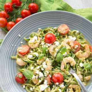 Pesto Zucchini Noodles with Shrimps and Feta