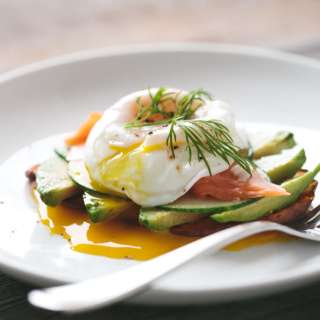 Sweet Potato "Toast" with Avocado, Cucumber, Smoked Salmon and Poached Egg