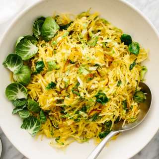 Spaghetti Squash, Brussels Sprouts and Crispy Shallots