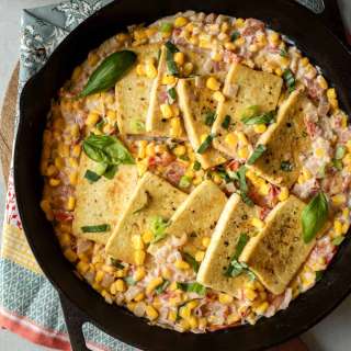 Pan-Fried Tofu With Creamy Corn, Tomato & Basil
