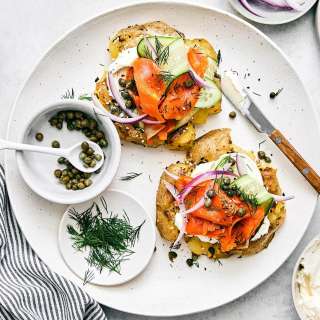 Smashed Potatoes Everything Bagel with Smoked Salmon
