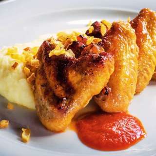 Dark Beer Chicken Wings with Mashed Potatoes & Spicy Tomato Sauce