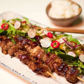 Marinated Pork Skewers with Green Salad