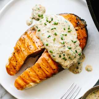Grilled Salmon Steak with Creamy Mustard Chive Sauce