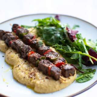 Spicy Beef Skewers with Hummus