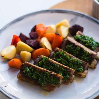 Green Salsa Pork Ribs with Baked Vegetables