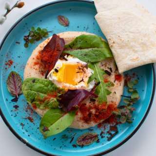 Mashed Beans with Fried Eggs and Fresh Oregano