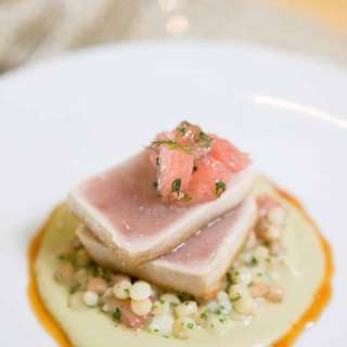 Tuna Steak with Avocado Coulis, Fregola and Grapefruit Gastrique