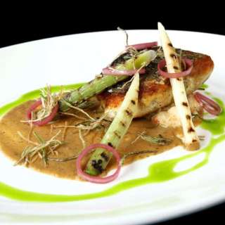 Pan-Fried Stone Bass with Burnt Leek Puree, Crab Meat & Pickled Shallots