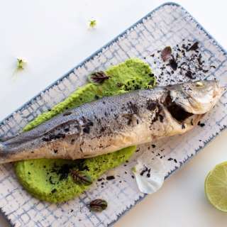 Oven-Baked Sea Bass with Mashed Peas & Leek Ash