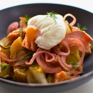Oven-baked Salmon with Potato Salad, Poached Egg & Quick Pickles