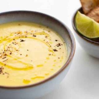 Creamy Corn Soup with Lime, Chili and Baked Tortilla