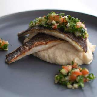 Pan Fried Sea Bass with Celery Purée & Tabbouleh 