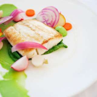 Halibut w/ Honey-Soused Vegetables & Avocado Purée