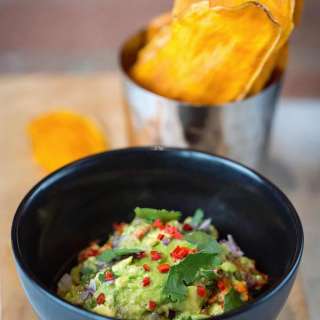 Smashed Avocados with Sweet Potato Chips