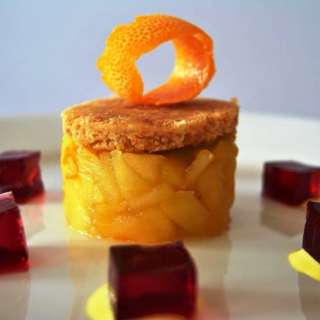 Chilled Apple and Orange Crumble with Fresh Strawberry Jelly and Custard