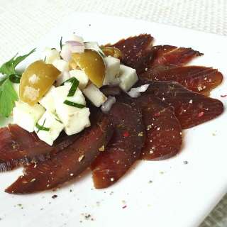 Cured Venison Appetizer with Feta-Green Olive Salad
