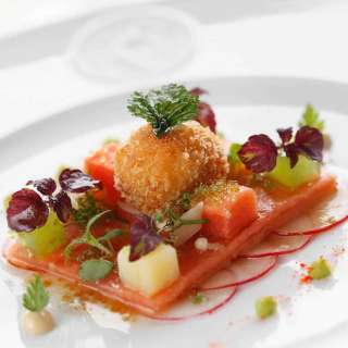 Star Anise Marinated Salmon, Flying Fish Caviar, Cucumber Jelly, Affila-Cress & Ginger