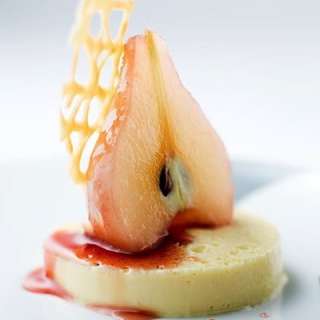Poached Pear with Vanilla, Blackcurrant and Coffee Fondant