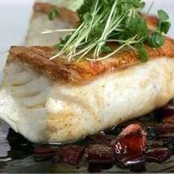 Roasted Halibut w/ Beetroot, Bacon, Black Pudding Dressing & Horseradish Cream