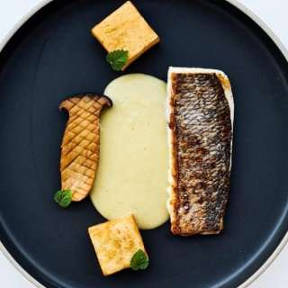 Pan Fried Sea Bream with Leek Cream & King Oyster Mushrooms