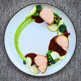 Sous Vide Pork Tenderloin with Pea Puree & Chocolate Au Jus