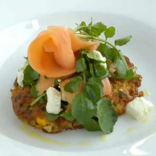 Corn Fritters with Smoked Salmon, Feta and Watercress